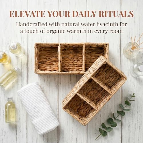 Pumtus 2 Pack 3-Section Woven Baskets, Water Hyacinth Storage Bin, Handwoven Desk Organizer, Toilet Paper Container, Rec