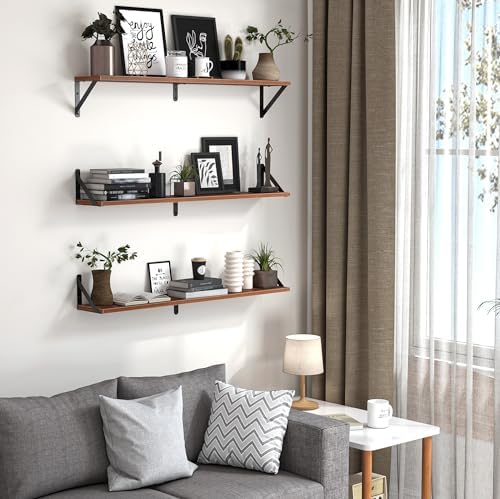 Heimlove Floating Shelves for Wall, 36 Inch Long Wood Floating Bookshelf Set of 3, Wall Mounted Hanging Shelf for Bathro