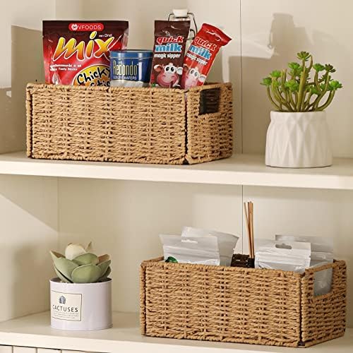 Vagusicc Wicker Storage Basket, Set of 2 Hand-Woven Paper Rope Wicker Basket, Small Storage Baskets for Organizing Toile