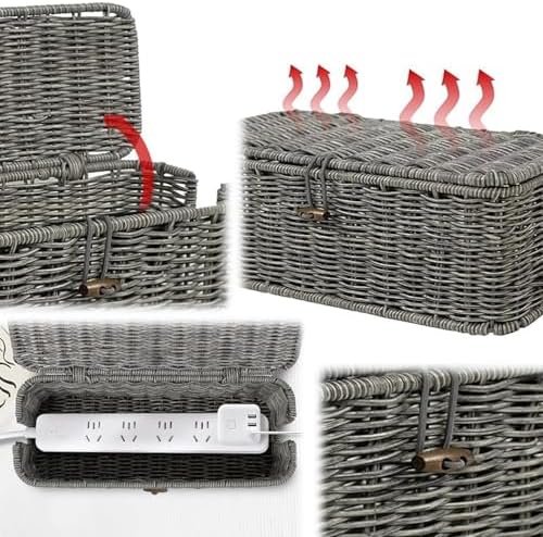 Handwoven Rattan Cable Management Box, Basket to Hide Cords, Container for Tv Wire, Computer, Router, USB Hub (Gray, M：1