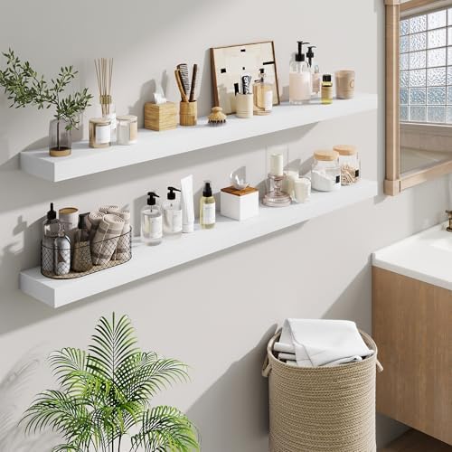 Fun Memories 55 Inch Floating Shelves Bedroom, Large Extra Floating Shelf Set of 2 with Invisible Brackets, White