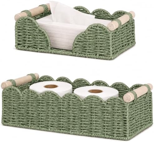 2 Pack Scalloped Paper Rope Toilet Paper Baskets with Wood Handles