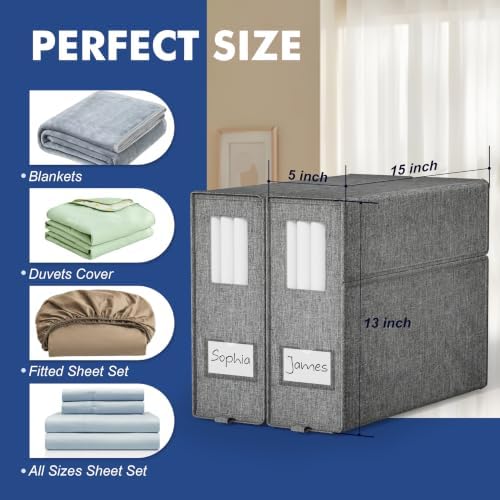 Furnhome Bed Sheet Organizers and Storage 4 Pack for Linen Closet, Foldable Sheet Set Holder with Window & Labels, Stack