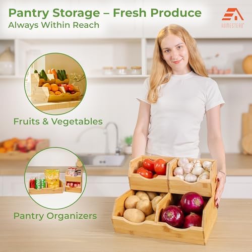HOMESTEAD Bamboo Pantry Storage Bins – Stackable Potato & Onion Storage Bin for Kitchen Countertop, Pantry Organizer, Fr