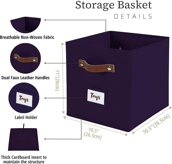 DECOMOMO Storage Bins, Cube Storage Bin with Labels | 10.5" x 11" Fabric Storage Cubes for Shelves (6pcs, Deep Voilet)
