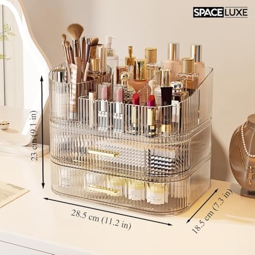 Large Makeup Organizer with Drawers, 360° Rotating Brush Holder