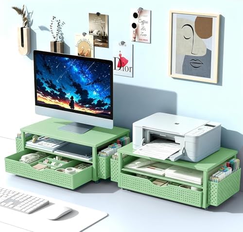 Spacrea Computer Monitor Stand with Drawer and 2 Pen Holders, Sage Green
