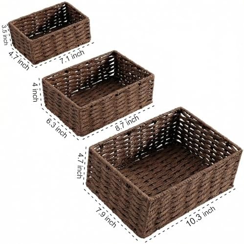 Small Wicker Basket for Organizing, Woven Storage Basket Set of 3 - Handwoven Natural Paper Rope Baskets to Declutter An