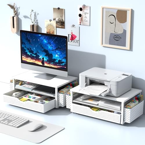 Spacrea Computer Monitor Stand with Drawer and 2 Pen Holders, White