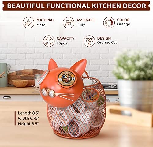 Made Easy Kit Cat Coffee Pod Holder Basket – Metal K-Cup Organizer for Countertop Coffee Bar – Cute Kitchen Décor Storag