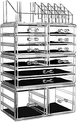 Cq acrylic 4 Pack Clear Makeup Organizer Countertop,Stackable 12 Drawers Skincare Organizer,Cute Skin Care Organizer for