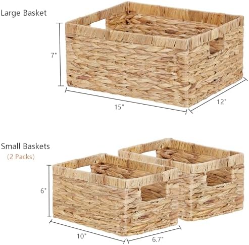 Vagusicc Wicker Basket, Set of 3 Hand-woven Storage Baskets for Organizing, Water Hyacinth Wicker Storage Basket Bins wi