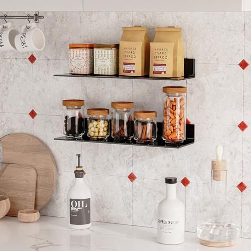Sezanrpt 20 Inches Acrylic Wall Shelves 2 Pack, Floating Shelf for Wall Mounting, Acrylic Display Ledges for Funko Pop Figures, Home Décor, Living Room, Gaming Room, Plants(20 inch, Black)