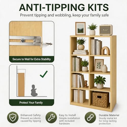 CTESNE【Wooden Thick Frame 8 Cube Storage Organizer Shelf with Anti-Tipping Kits + Reversible Open Back Bookcase, Horizon