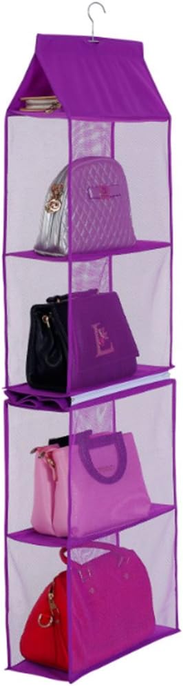 Detachable 4 Compartment Organizer Pouch Hanging Handbag Organizer Clear Purse Bag Collection Storage Holder Wardrobe Closet Space Saving Organizers System for Living Room Bedroom Home Use (Purple)