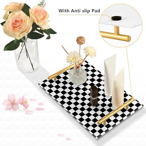 Vanity Tray for Bathroom Countertop Black White Checkered Pattern Decorative Kitchen Coffee Trays Acrylic Jewelry Perfum