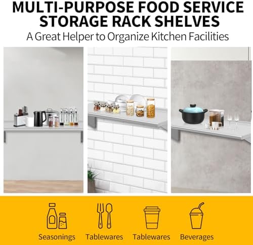 18" D x 48" W Stainless Steel Wall Mounted Shelves, Floating Shelving with Brackets, Commercial Shelf Perfect for Restau