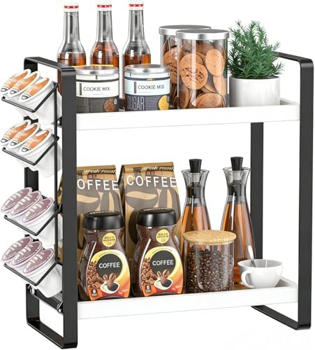 LEMIKKLE Coffee Station Organizer for Counter, Coffee Pods Holder Storage, Wooden Kitchen Counter Shelf, (WHITE)