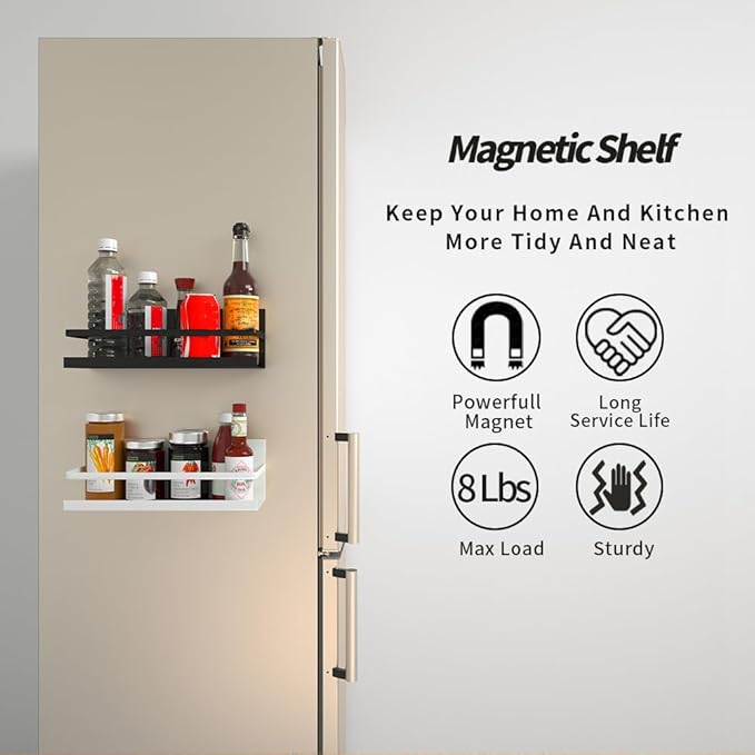 2 Pack Magnetic Spice Rack for Refrigerator,Heave Duty Magnetic Shelf For Kitchen,Magnet Book Shelf For Whiteboard,Space Container,Drill free (White)