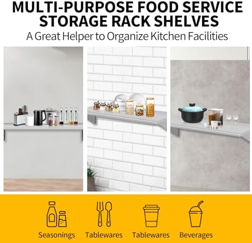 14" D x 48" W Stainless Steel Wall Mounted Shelves, Floating Shelving with Brackets, Commercial Shelf Perfect for Restau