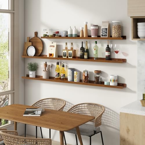 FLYJOE Picture Ledge Wall Shelves 24 inch Width Set of 2, Solid Pine Wood Rustic Floating Ledge Shelves for Wall for Kids' Room Bedroom Kitchen Bathroom Living Room Nursery Display Wall Decor, Walnut