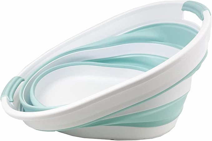 SAMMART 23L (6 Gallons) Collapsible Plastic Laundry Basket - Oval Tub/Basket - Foldable Storage Container/Organizer - Portable Washing Tub - Space Saving Laundry Hamper (White/Lake Green)