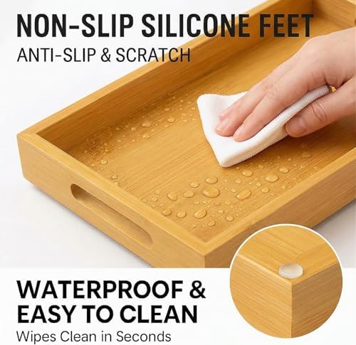 Perfume Plate Tray with Handle - Natural Bamboo Wood Display Tray for Dresser, Coffee Table, or Bathroom, 11.4x7.9 Inche