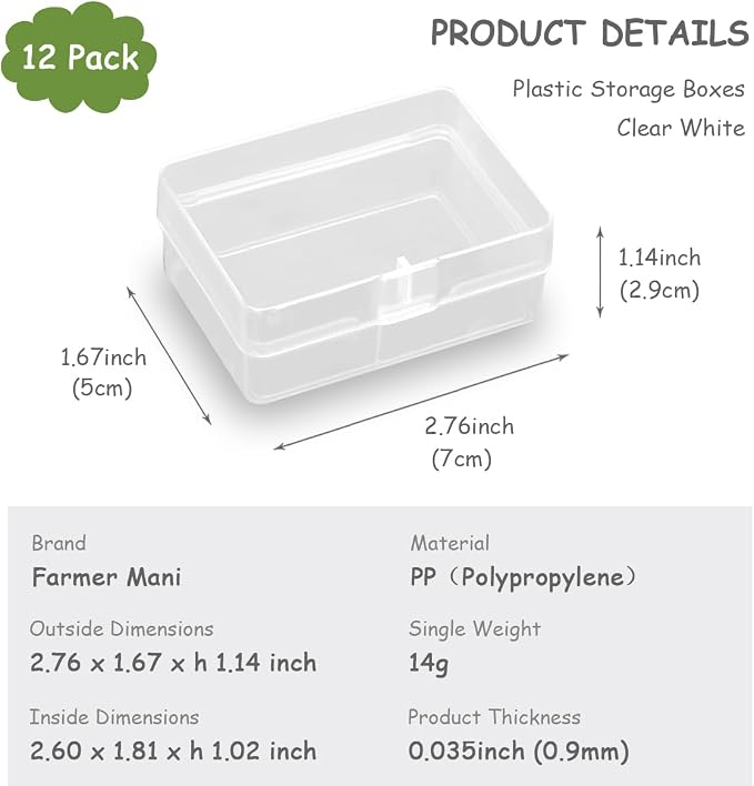 12 PCS Rectangle Plastic Clear Storage Containers Box (2.76 x 1.67 x 1.14 Inch), Small Plastic Containers for Beads, Jewelry, Game Pieces and More