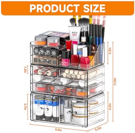 Cq acrylic 3 Pack Clear Makeup Organizer Countertop,Stackable 8 Drawers Skin Care Organizer,Cute Make Up Organizers for 