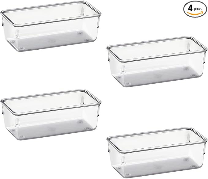 Acrimet Drawer Organizer Modular, Box Tray Storage Bins for Office, Home, Makeup, Kitchen, Junk Drawer ( 4 Pieces) (Clear Crystal Plastic)