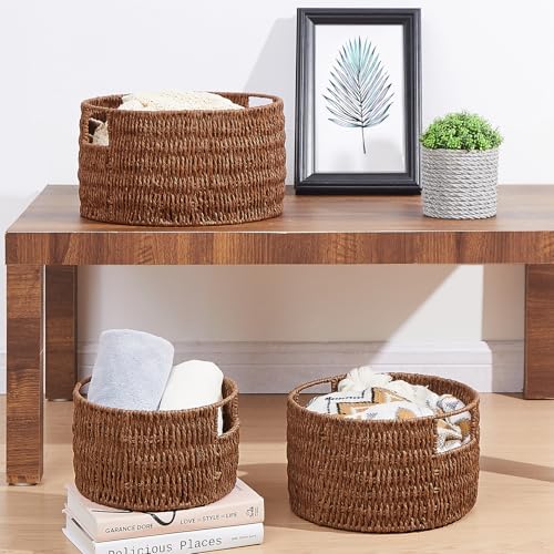 Vagusicc Wicker Storage Basket, Hand-Woven Paper Rope Large Round Woven Basket With Handles, Wicker Baskets for Organizing/Storage, Brown, 3-Pack