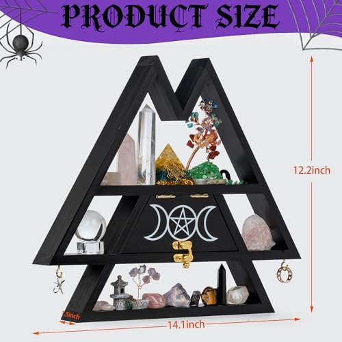 Pracaniz Medium Crystal Shelf with Hidden Drawer & Hooks | Maximalist Witchy Decor for Walls & Desktops | Gothic Boho Tr