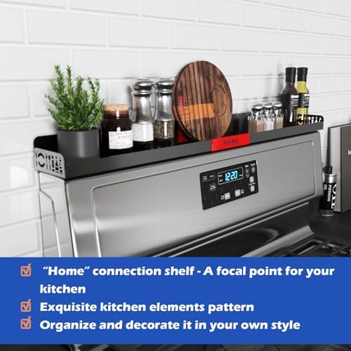 30" Magnetic Stove Top Shelf – Black Spice Rack with Red HOME Design – Seasoning Organizer for Back of Stove – Over Stov