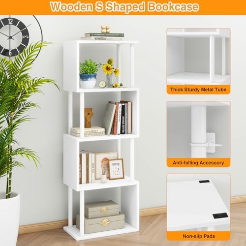 IBUYKE 5-Tier Tall Bookshelf,S-Shaped Geometric Bookcase,White WBC015W