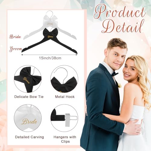 Beeveer 3 Pcs Groom and Bride Wooden Hanger with Clips, Bow,Black,White