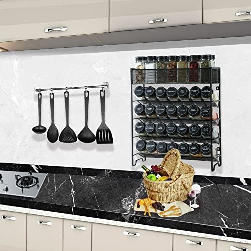 Skiileor Spice Rack Organizer with 28 Spice Jars, Black Lids, Spice Labels