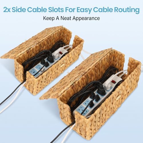 efluky 2 Pack Water Hyacinth Floor Cord Covers with Lid, Hand-woven Cable Management Box, 2 Open Slots Cord Box to to Hi