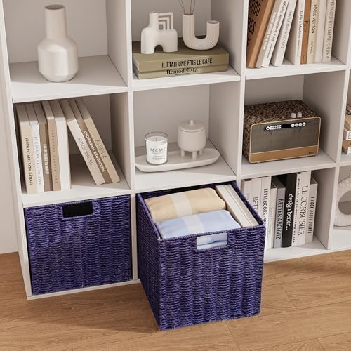 Vagusicc Wicker Storage Basket, Set of 2 Hand-Woven Wicker Basket, 11 inch Storage Basket, Foldable Cube Storage Organiz