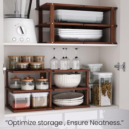 4 Pack Bamboo Corner Shelf,3 Tier Kitchen Cabinet Organizer for Plates and Dishes,Pantry Storage and Spice Rack（Brown）