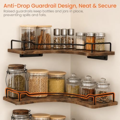 Homode L-Shaped Corner Floating Shelves Wall Mounted Set of 3, Rustic Brown