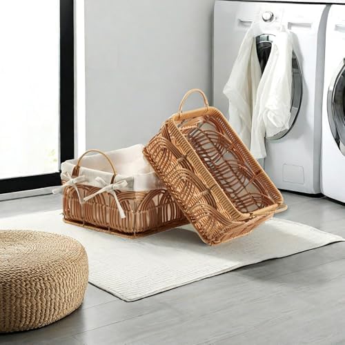2PCS Plastic Wicker Storage Baskets Set Handmade Woven Boxes