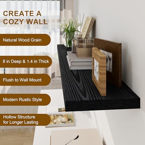 Black Floating Shelves 48 Inch Long, 8 Deep Floating Shelves for Wall, Rustic 48" Long Fireplace Mantel, Large 48 x 8 Wa