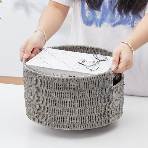 Vagusicc Wicker Storage Basket, Hand-Woven Paper Rope Large Round Woven Basket With Handles, Wicker Baskets for Organizing/Storage, Grey, 3-Pack