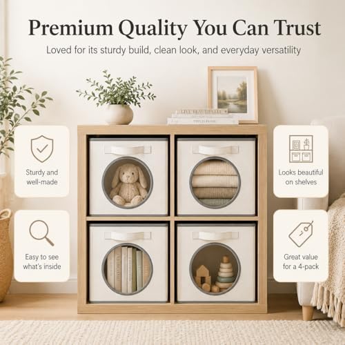 Fabric Storage Cubes with Mesh Window, 11'' Cube Storage Bin, Ivory, 4 Pack