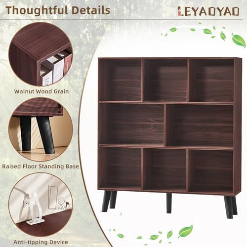 LEYAOYAO 8 Cube Bookshelf, Mid-Century Modern Book Shelf with Legs, Walnut