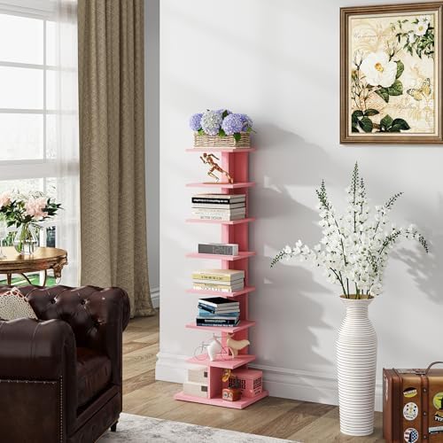 TUTOTAK Book Shelf, Narrow Spine Bookshelf, 8-Tier Bookcase for Small Space