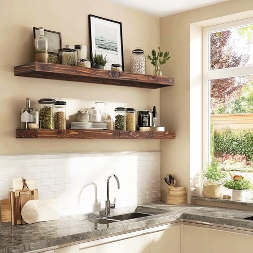 Floating Shelves, 48 Inch Wall Mounted Shelves, Set of 2, Brown