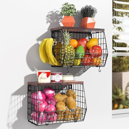 Wawocs Fruit Basket for Kitchen Counter 2 Tier Fruit Bowl, Stackable Wall Mounted Hanging Fruit Basket Wire Baskets with
