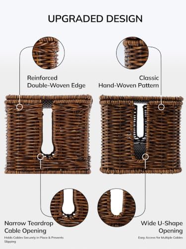 BROWNLILY Cable Management Box, Rattan Style Cord Organizer for Desk Cord Hider Outlet Covers for Power Strip Router Cha
