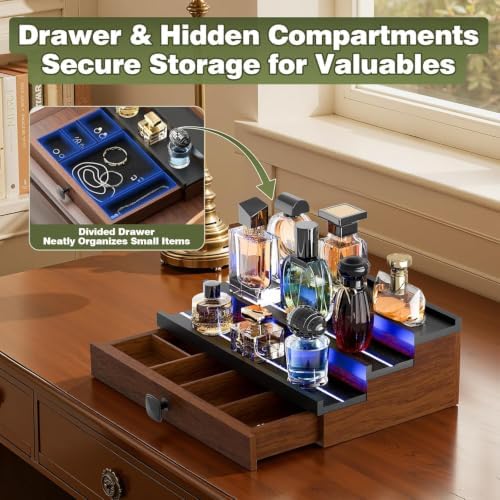 3 Tier Wooden Perfumes Stand with LED Light, Perfume Cologne Organizer for Men, Desktop Parfum Holder Wood Display Shelf